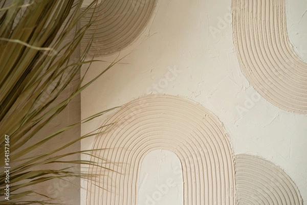 Obraz Dry palm tree branches against the background of a textured minimalist painting.