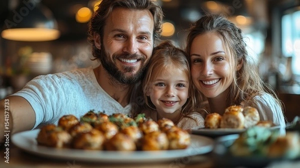 Fototapeta Happy family enjoying a delicious meal together in a cozy restaurant setting, capturing joyous moments and culinary delights