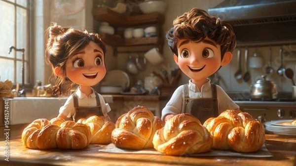 Fototapeta Two enthusiastic children proudly displaying freshly baked croissants in a cozy kitchen filled with warm sunlight and a cheerful atmosphere.