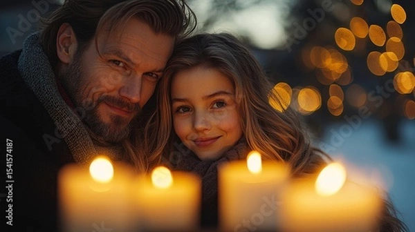 Fototapeta Romantic winter evening with candles creating a warm glow and a couple embracing in a snowy landscape adorned with festive lights