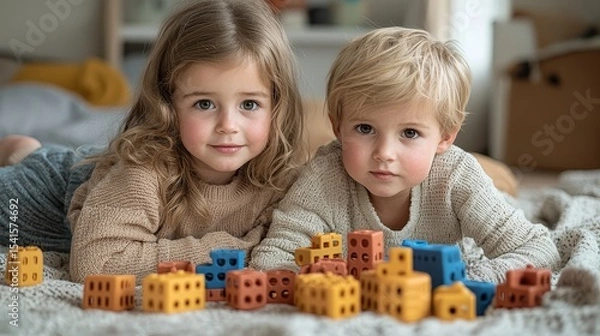Fototapeta Two children playing with colorful building blocks on a cozy indoor carpet, capturing a moment of creativity and friendship