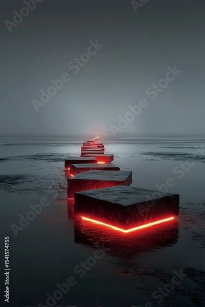 Fototapeta Glowing Red Neon Path on Wet Concrete Tiles in Fog