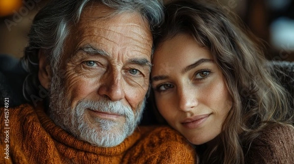 Fototapeta A heartwarming portrait of a grandfather and granddaughter enjoying a cozy moment together in a warm, inviting setting with soft lighting