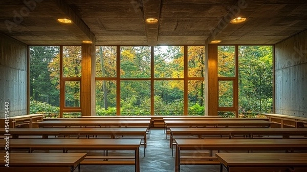 Fototapeta Modern classroom with wooden tables overlooking vibrant autumn forest through large glass windows