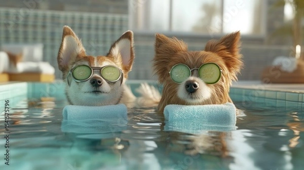 Fototapeta 3d render Pampered Pooches: Canine Spa Day in the Pool AI generative