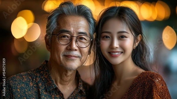 Fototapeta Heartwarming portrait of a senior man and a young woman sharing a joyful moment amidst a softly illuminated background