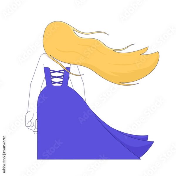 Obraz Windswept hair blonde woman in flowing dress back view 2D cartoon character. European girl in windy romantic contemplation flat vector faceless person isolated on white. Spot illustration colorful