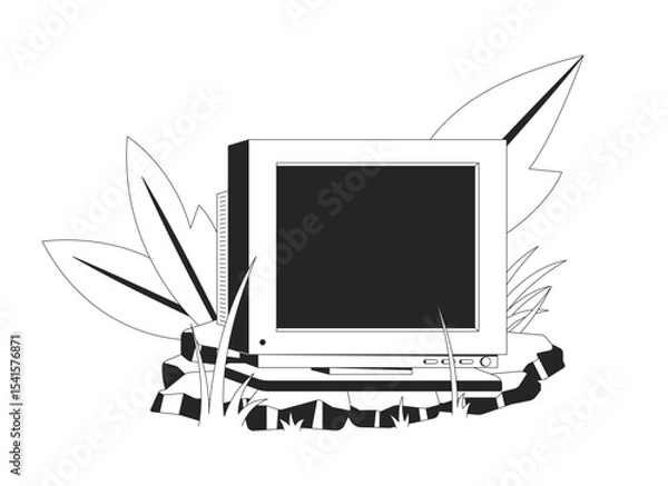 Obraz Abandoned CRT monitor in nature 2D line object. Old technology in rocky lush tropical plants. Y2K tech. Electronics nostalgia isolated clipart vector ink outline item. Monochrome spot illustration