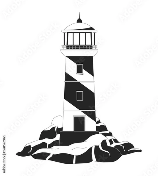 Obraz Lighthouse on rocky coast 2D line object. Seaside beacon cliff rocks. Beach safety. Marine signal. Shore light. Nautical landmark isolated clipart vector ink outline item. Monochrome spot illustration