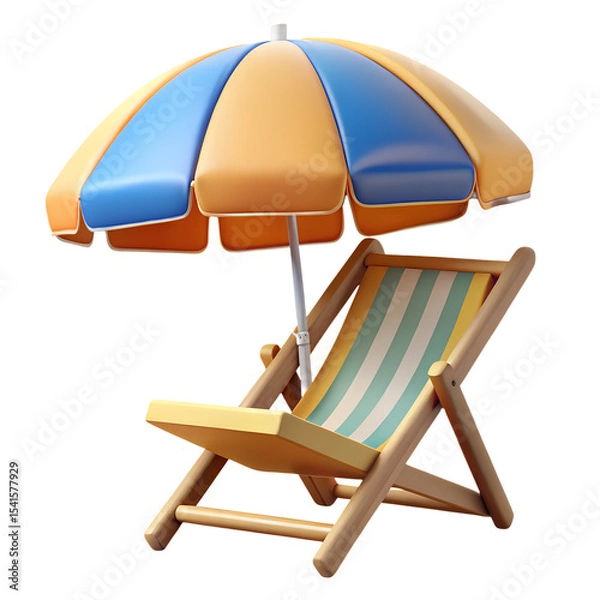 Fototapeta beach umbrella and chair 3d rendering isolated on transparent background. Cartoon plastic style icon