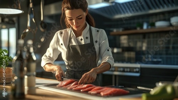 Fototapeta 3d render Professional Chef Preparing Delicious Fish Fillet in Modern Kitchen AI generative