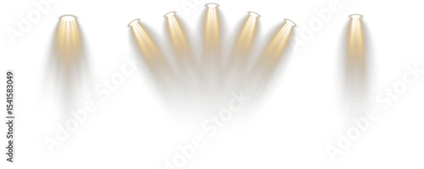 Obraz Bright projector casts light through concert mist. Empty podium waits beneath soft blue glow. Reflected stage lights enhance visual depth. Dark wall backdrop contrasts spotlight brilliance.