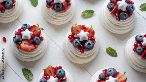 Obraz Mini pavlova desserts with whipped cream and fresh blueberries, strawberries, pomegranate seeds and small star-shaped marshmallows. Independence Day theme dessert idea.	