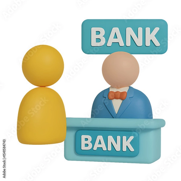 Fototapeta 3D icon of a customer and bank officer at counter, representing finance, transactions, and banking services