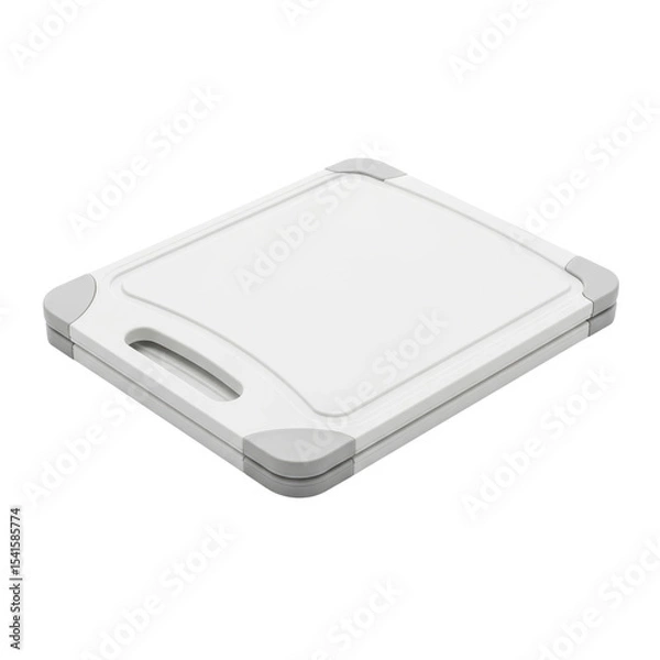 Fototapeta A clean white plastic cutting board featuring gray non slip corners and an integrated handle, ideal for various kitchen food preparation tasks like chopping, slicing, and dicing.