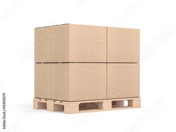 Fototapeta Stack of Four cardboard boxes mockup on euro pallet in white sudio, 3d rendering