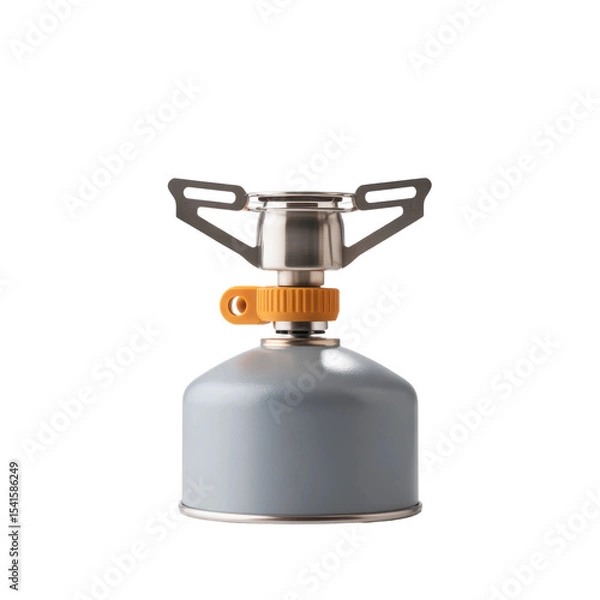 Fototapeta Portable camping gas stove featuring a compact grey canister and silver burner with an orange control knob, ideal for outdoor cooking, backpacking, and hiking adventures.