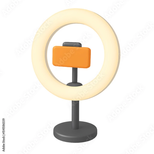 Fototapeta 3D render of a modern ring light with smartphone holder, perfect for streaming, video calls, photography, and content creation. Isolated on white background