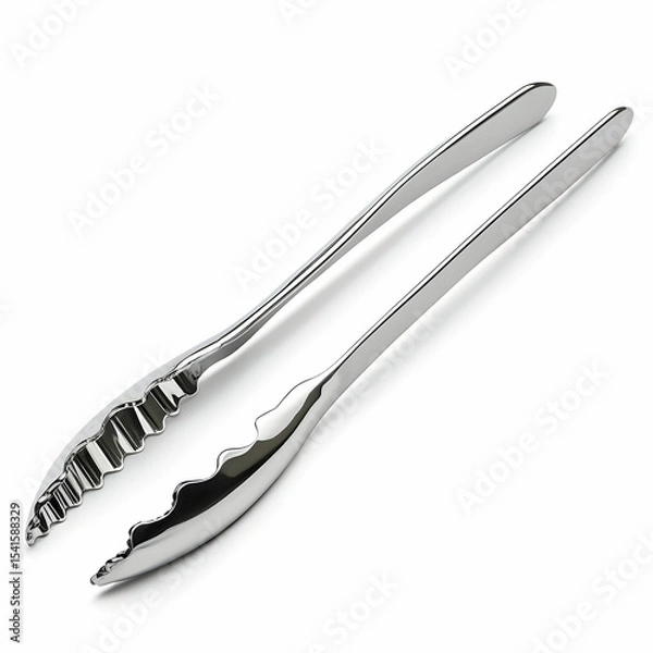 Fototapeta A pair of sleek stainless steel ice tongs with serrated edges, isolated on a white background with clipping path