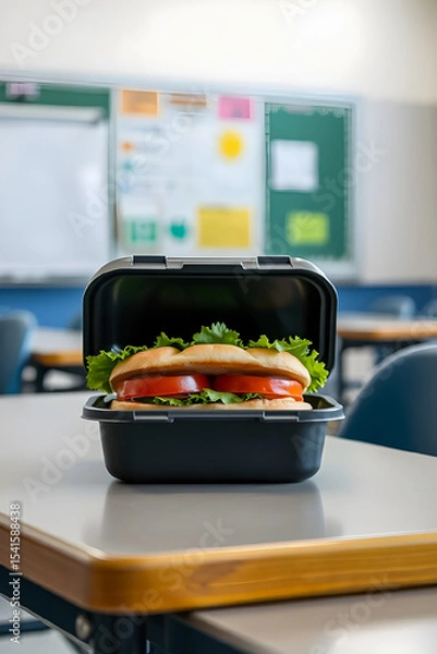 Fototapeta black lunchbox with sandwich on desk in school classroom
