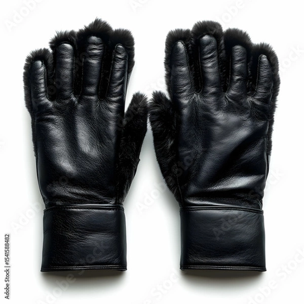 Fototapeta A pair of black leather gloves with soft fur lining, isolated on a white background