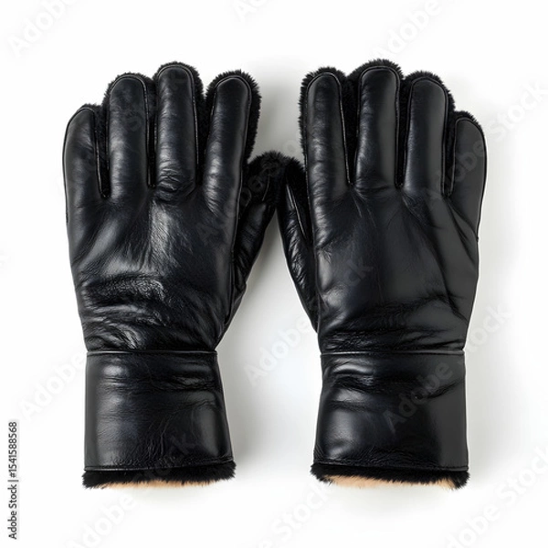 Fototapeta A pair of black leather gloves with soft fur lining, isolated on a white background
