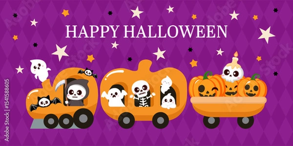 Obraz Cute happy Halloween banner pumpkin train with ghost, skeleton and bat