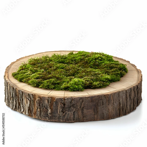 Fototapeta A natural style wooden saw cut round podium with green moss, isolated on a white background