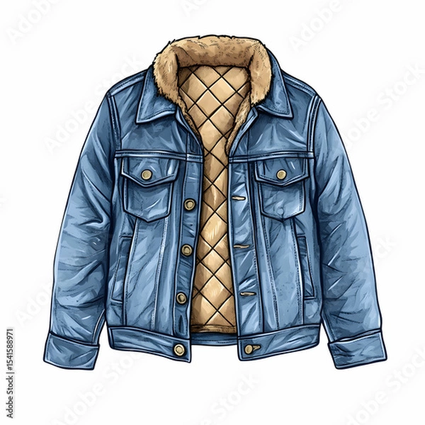 Fototapeta A jean jacket with quilted lining, offering a warm and stylish look, isolated on a white background