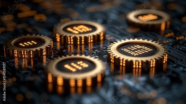 Fototapeta 3d render Powerful Golden Gears: A Futuristic Technology Abstract AI generative