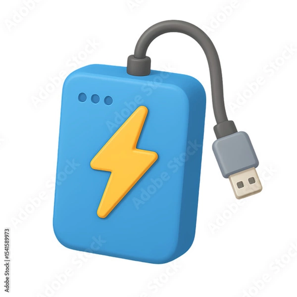 Fototapeta 3D render of a blue power bank with yellow lightning symbol and USB cable, modern glossy style, isolated on white. Perfect for tech visuals