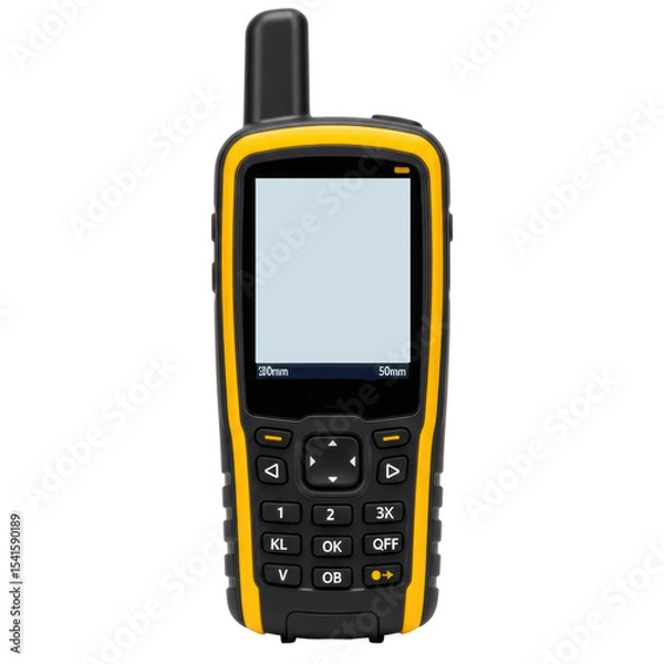 Fototapeta A durable black and yellow handheld gps device with a blank screen and antenna, designed for outdoor navigation, mapping, and professional surveying tasks.
