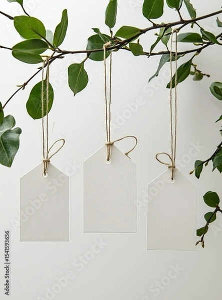 Obraz Three blank white tags, tied with light brown twine, hang from a branch with lush green leaves against a plain white background