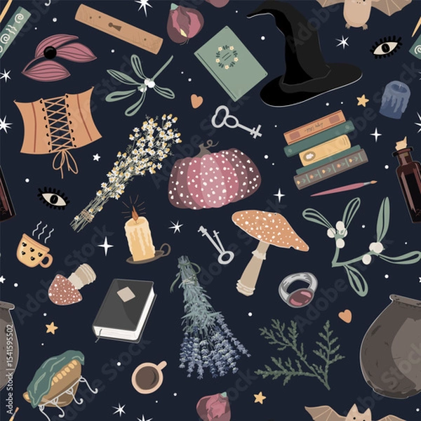 Fototapeta Witchcraft seamless pattern with magic and spiritual things. Girly background.