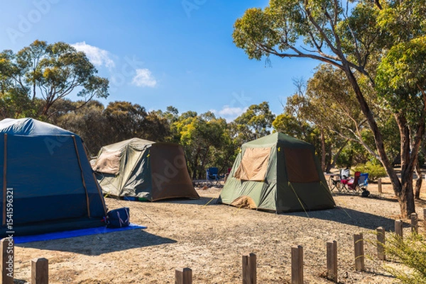 Fototapeta Camping site with tents set up on a day, Deep Creek, Fleurieu Peninsula, South Australia
