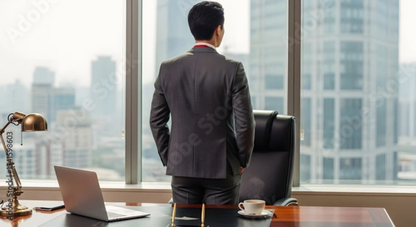 Obraz Visionary Leader: A sharp-dressed executive contemplates the city skyline from a high-rise office window, desk with laptop and coffee, embodying ambition and strategic thinking. 