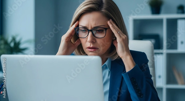 Obraz Overwhelmed Businesswoman: Capturing the raw emotion of a businesswoman, experiencing stress and strain at her desk, engrossed in her laptop and business tasks.