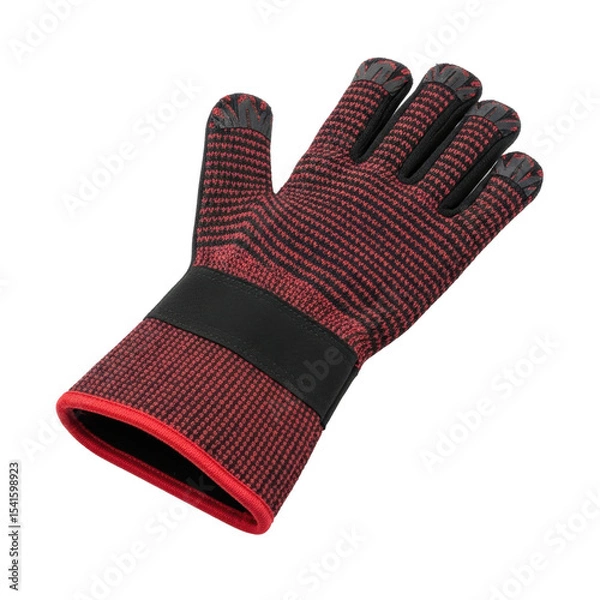 Fototapeta A red and black textured safety glove designed for heat resistance and protection, suitable for kitchen tasks, grilling, or industrial applications.