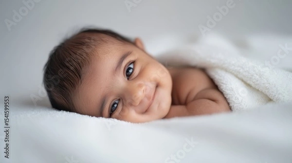 Fototapeta The adorable baby smiling gently while nestled in a soft blanket.
