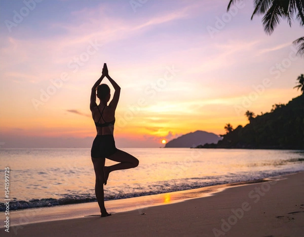 Obraz a woman doing yoga with a beach background and soft light