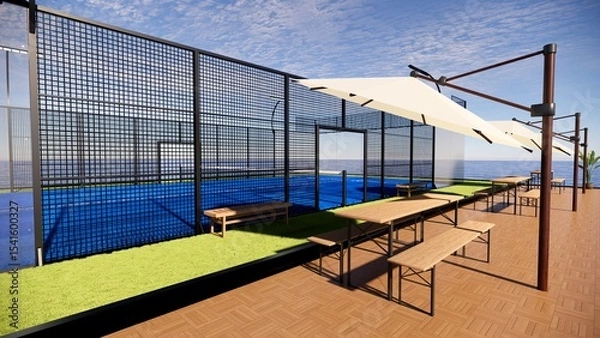 Fototapeta Floating Tennis Court Structure on Ocean in Tropical Setting