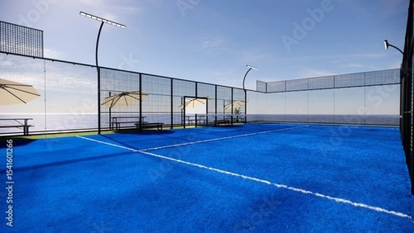 Fototapeta Corner view Floating Padel Court  with bench and shade on ocean 3d rendering 