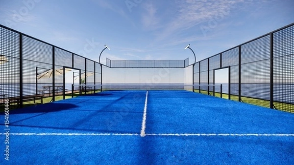 Fototapeta Back view Floating Padel Court  with bench and shade on ocean 3d rendering 