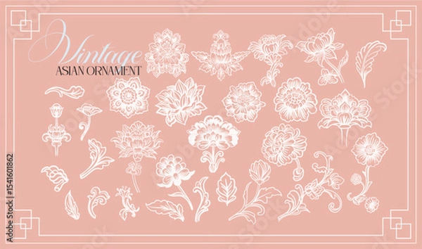 Fototapeta Asian, Chinese style. Set of graceful linear elements (botanical, fantasy) stylized as vintage porcelain Chinese painting. Vector digital illustrations on color background with text.