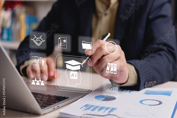 Fototapeta business corporate training AI artificial intelligence, Smart Management education, digital online network e-learning technology, innovation team collaboration
