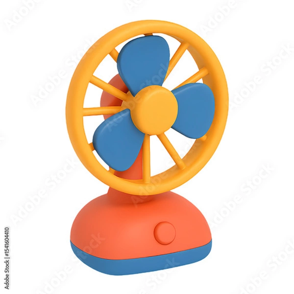 Fototapeta 3D render of a small cartoon desk fan in orange and blue. Cute summer cooling device icon in modern style. Isolated on white