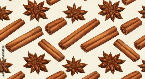 Fototapeta Spiced Aromas Cinnamon sticks  star anise create a warm inviting pattern