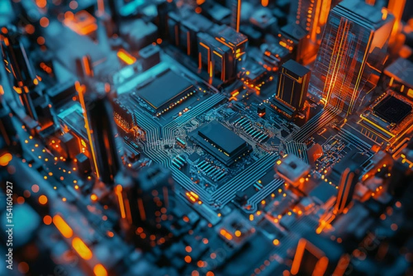 Fototapeta 未来都市の回路網 ― テクノロジーで構築された都市景観