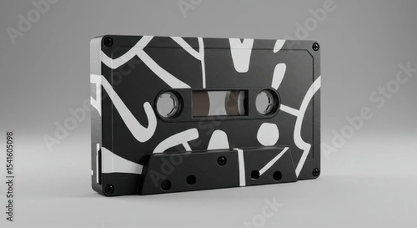 Obraz Striking monochrome cassette tape with abstract white design on gray backdrop