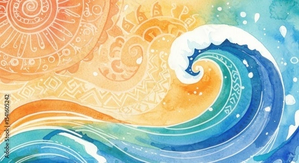 Obraz Sunkissed waves watercolor dance adorned with tribal whispers